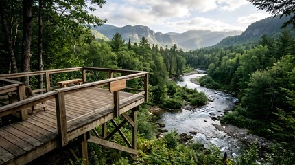 Fototapeta premium Wooden observation deck overlooking a forested river valley