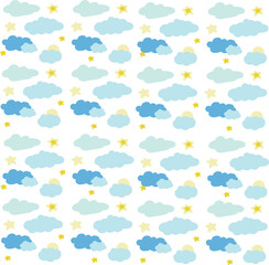 Cute seamless pattern with pastel clouds, stars and sun for nursery vector background © Ja