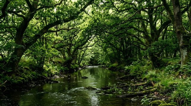 Gentle river flowing under a canopy of ancient trees