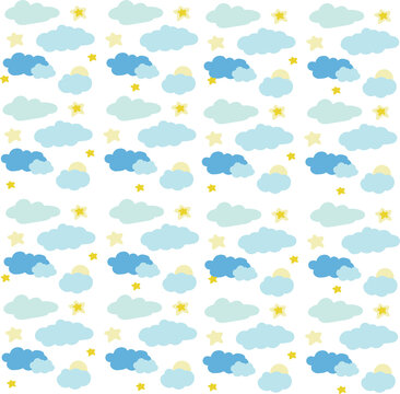 Cute seamless pattern with pastel clouds, stars and sun for nursery vector background