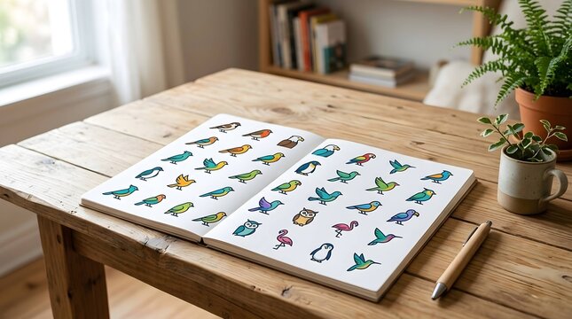 Colorful bird icons set illustrated in an open notebook on a wooden desk