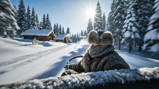Middle-aged caucasian man wearing fur hat driving snowmobile in snowy winter village landscape