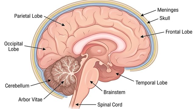 Close-up view of human brain anatomical chart with detailed labeled sections