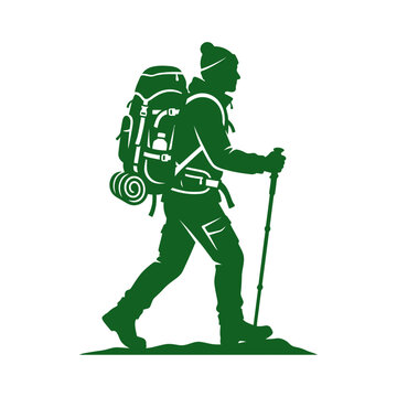 Hiker with backpack and trekking poles silhouette