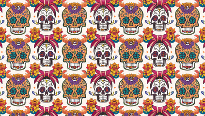 Fototapeta premium A vibrant and colorful seamless pattern featuring decorative sugar skulls adorned with floral elements and bows, evoking a festive Day of the Dead theme.
