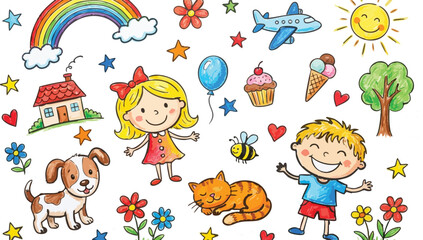 Colorful illustration depicts children, animals, and whimsical elements on a white background.