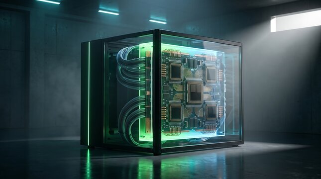 Quantum computer server with glowing green circuits in glass case, futuristic supercomputer hardware in dark laboratory, advanced data processing unit for artificial intelligence research.