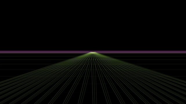 Glowing green and purple grid lines converge toward a distant vanishing point in a retro digital landscape.