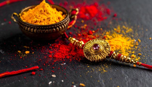Traditional Golden Rakhi with Turmeric and Kumkum for Raksha Bandhan