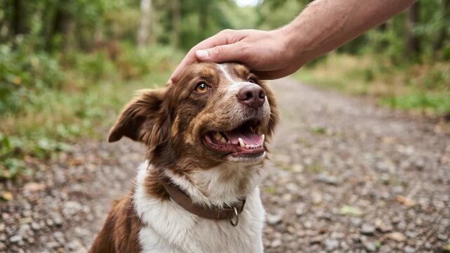 Hand stroking the head of a happy dog walking on a trail in the forest