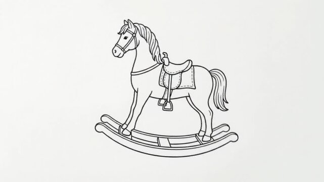 Hand-drawn outline of a rocking horse in motion on white background
