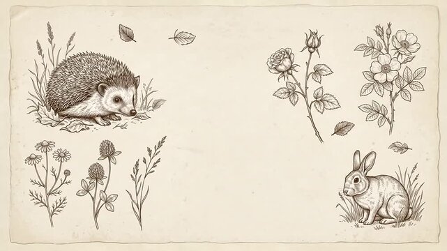 Hand-drawn vintage sketch of a hedgehog, rabbit, and flowers with leaves falling on parchment paper.