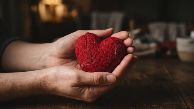 Person holding handmade red woolen heart gently in hands indoors