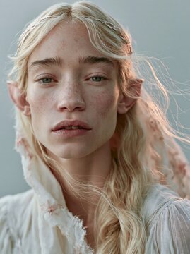 Close-up portrait of a young woman with elven ears and a delicate silver tiara