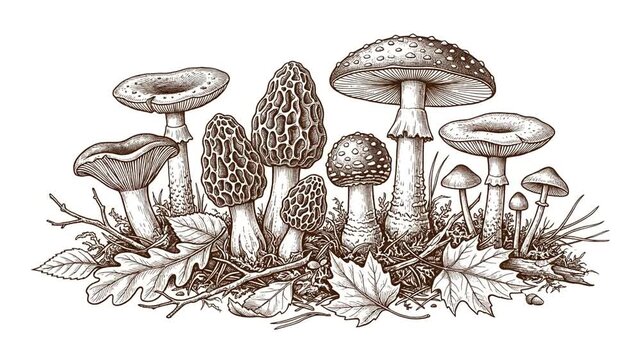 Vintage Hand Drawn Forest Mushrooms Engraving Animation with Light Flare