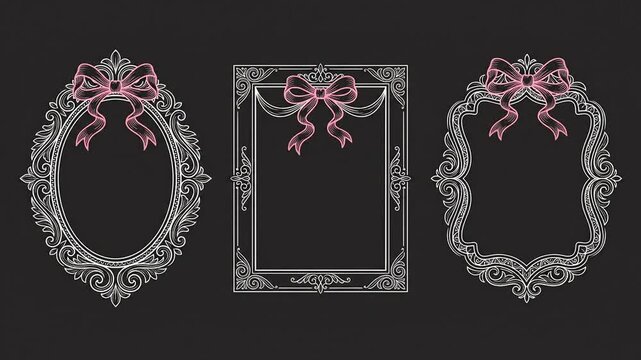 Vintage ornate decorative frames with pink bows drawn on a dark background
