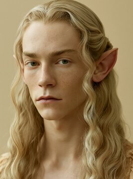 Young man with pointed ears and long blonde hair, fantasy character portrait