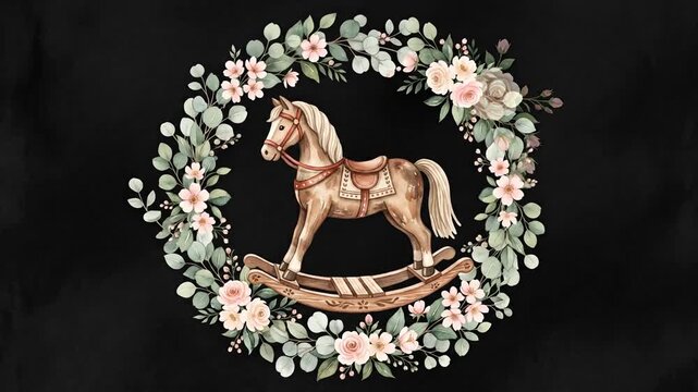 Vintage rocking horse animation framed with a blooming floral watercolor wreath