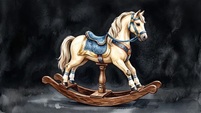 Vintage rocking horse toy with blue saddle moving against dark background