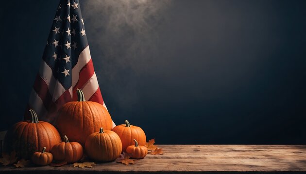 Patriotic Autumn Harvest, American Flag and Pumpkins on Wooden Table Still Life