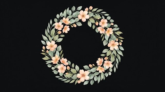 Watercolor floral wreath with pink blossoms and green leaves on black background.