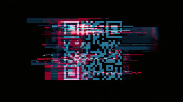 Glitching qr code with digital scan distortion on black background, abstract background animation, seamless loop