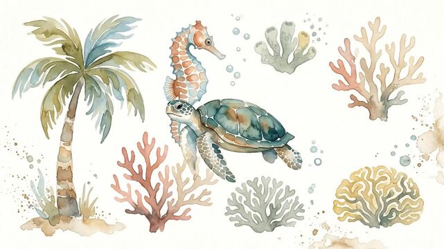 Watercolor sea turtle and seahorse swimming among coral reefs on white background