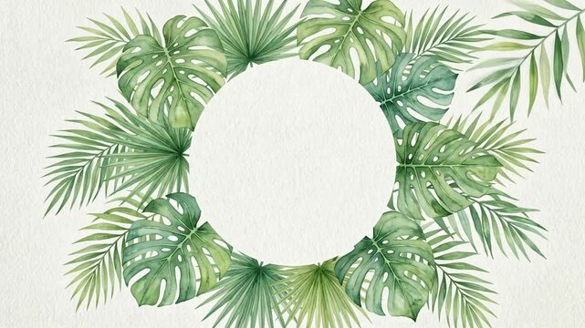 Watercolor tropical leaves frame with a central empty circle for text