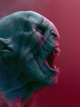 Close-up of a monstrous creature with sharp teeth and scars, roaring in anger