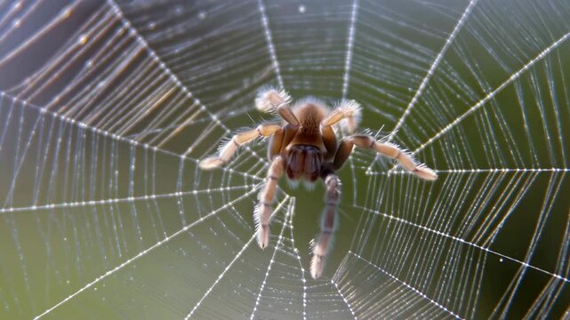 Macro spider poised at web center with radiant backlit silk, dew sparkle, subtle leg movement, delicate radial pattern, natural texture, and high contrast detail in soft outdoor light