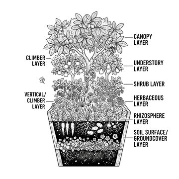 Permaculture food forest layers diagram for sustainable gardening education