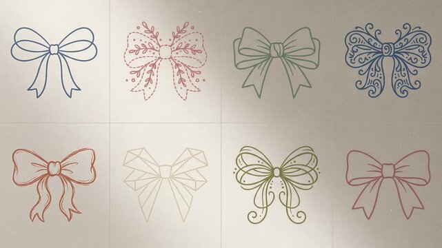 Colorful hand drawn ribbon bows collection set on a neutral background