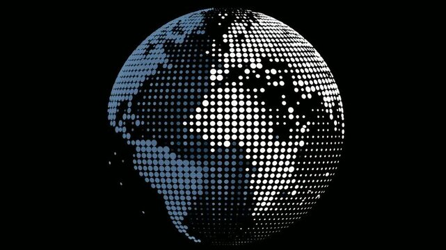 Abstract dotted globe rotating on black background, digital stop motion animation seamless loop