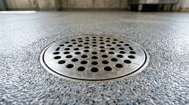 Waste holding area floor drain grate stainless close-up set into seamless epoxy flooring (macro close-up) | Hospital waste holding area floor drain