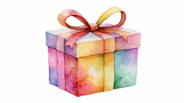 Watercolor gift box with ribbon bow, colorful wrapped present animation, seamless loop