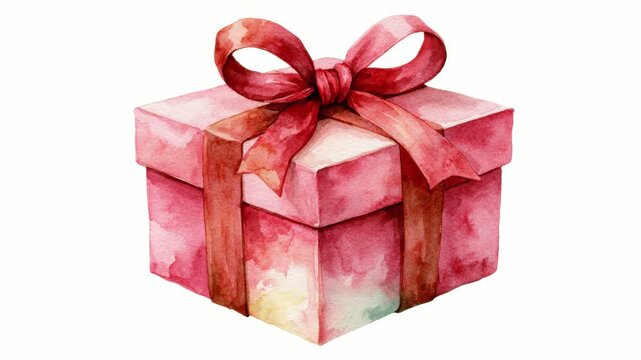 Watercolor pink gift box with red ribbon bow on white background, hand drawn stop motion animation, seamless loop