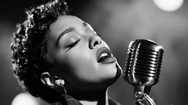 Black and white portrait of a soulful singer performing with a vintage microphone