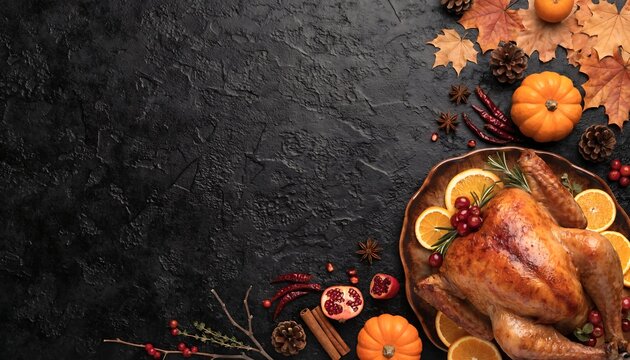 Traditional Roasted Thanksgiving Turkey Feast on Rustic Wood Background with Copyspace