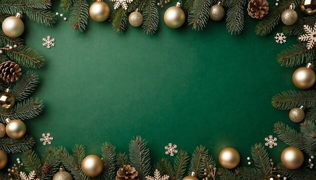 Christmas Flat Lay Border with Gold Ornaments and Pine Branches on Green Background