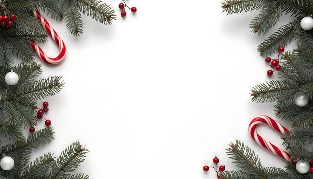 Christmas Fir Branch Frame with Candy Canes and Berries on White Background