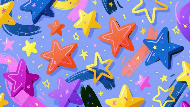 Colorful hand drawn star pattern drifting on blue background, abstract background animation, seamless loop