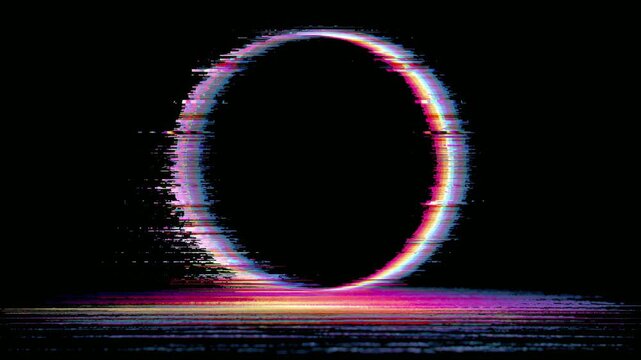 Glitch neon oval ring abstract frame with copy space text overlay seamless loop on black background