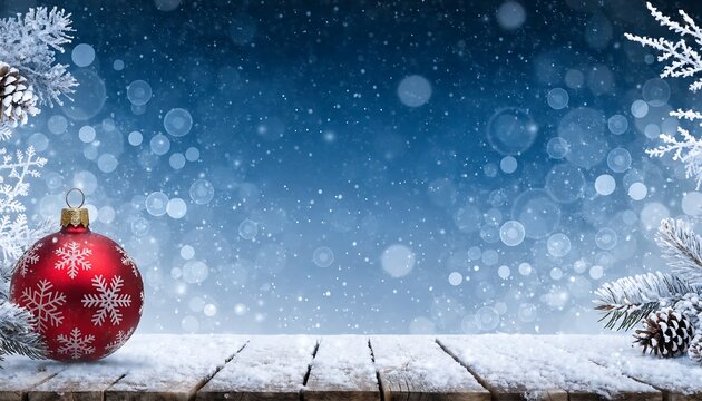 Christmas Holiday Background: Red Bauble on Snowy Wooden Table with Blue Bokeh