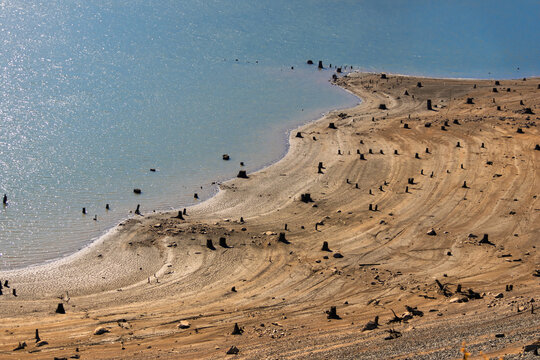 Dry reservoir showing receding waterline and tree stumps