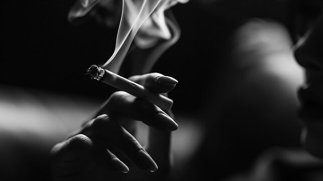 Close-up of a woman's hand holding a lit cigarette with smoke rising