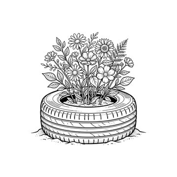Upcycled tire planter with flowers for sustainable garden landscaping recycling