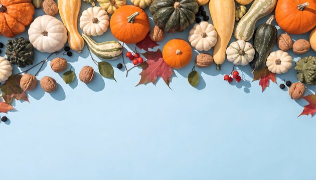 Autumn Harvest Pumpkin and Gourd Border on Blue Background