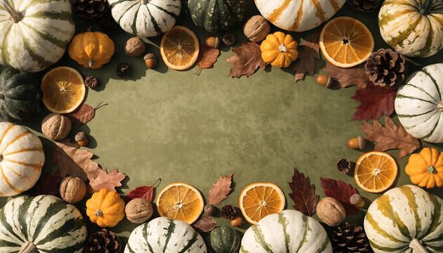 Autumn Harvest Flat Lay Frame with Pumpkins, Leaves, and Dried Oranges Background