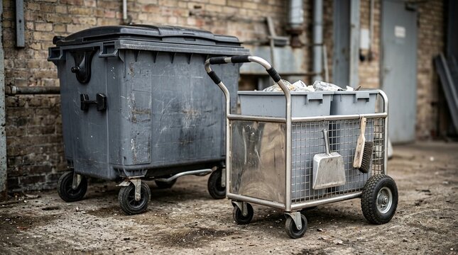 Waste cart resting beside a larger collection bin (detail view) | Hospital waste collection cart