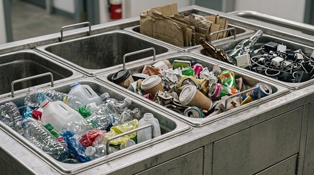Waste cart close-up showing organized compartment bins (macro close-up) | Hospital waste collection cart